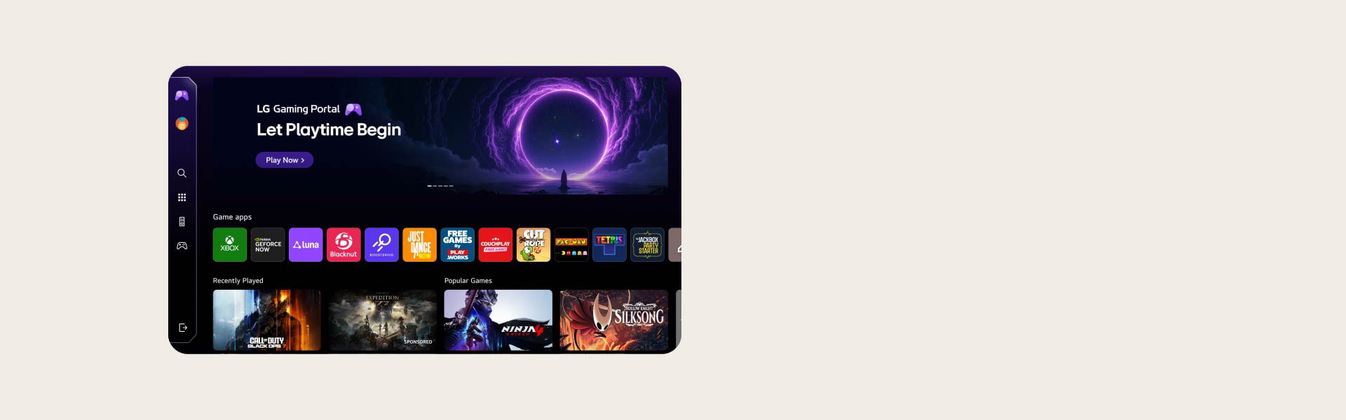 LG OLED evo AI G6 muestra el LG Gaming Portal en la pantalla webOS, mostrando un centro de juegos con una interfaz de un solo paso que brinda acceso a múltiples aplicaciones de juegos a través de servicios de juegos en la nube como NVIDIA GeForce NOW y aplicaciones webOS.